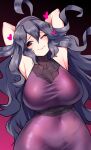  1girl ahoge armpits arms_behind_back arms_behind_head arms_up blush closed_mouth covered_navel gradient gradient_background hair_between_eyes hairband heart hex_maniac_(pokemon) highres kenron_toqueen long_hair one_eye_closed pokemon purple_hair purple_hairband smile solo sweat turtleneck violet_eyes 