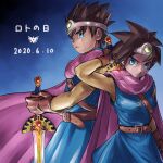  1boy 1girl absurdres arm_up belt black_hair blue_eyes cape chinyan circlet dragon_quest dragon_quest_iii earrings frown gloves gradient gradient_background highres jewelry looking_at_viewer roto serious short_hair sketch spiky_hair sword sword_behind_back tunic weapon weapon_on_back 