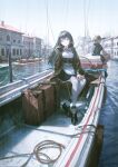  1boy 1girl 2others bangs black_hair boat brown_eyes building cigarette day doll_joints duplicate facing_viewer highres joints long_hair multiple_others original outdoors over-kneehighs reoen sitting smoking solo_focus suitcase thigh-highs water watercraft 