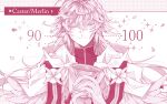  1boy arrow_(symbol) character_name closed_eyes closed_mouth facing_viewer fate/grand_order fate_(series) fingernails gameplay_mechanics highres holding holy_grail_(fate) long_hair male_focus merlin_(fate) messy_hair mizuki_(mz) monochrome pink_theme robe smile solo upper_body 