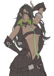  1girl :q absurdres aragami_oga arm_behind_head belt black_gloves black_hair breasts dark_skin dark-skinned_female earrings eyepatch fingerless_gloves genderswap genderswap_(mtf) gloves green_eyes hand_up highres holostars horns jewelry long_hair looking_at_viewer navel necktie open_mouth simple_background single_horn smile solo tongue tongue_out tsumeki virtual_youtuber white_background 