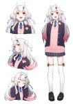  1girl :3 absurdres arms_behind_back black_footwear blazer blue_neckwear cardigan_vest closed_eyes double_bun fang full_body gradient_hair hair_ribbon highres hololive horns jacket long_hair looking_at_viewer looking_up mikan_(chipstar182) multicolored_hair multiple_views nakiri_ayame necktie o3o open_blazer open_clothes open_jacket open_mouth pleated_skirt red_eyes redhead ribbon school_uniform simple_background skindentation skirt solo standing thigh-highs tress_ribbon upper_body virtual_youtuber white_background white_hair white_legwear 