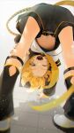  1boy arm_support arm_warmers artist_name belt black_shorts blonde_hair blue_eyes blurry chromatic_aberration commentary depth_of_field eyes_visible_through_hair gotoh510 highres kagamine_len kagamine_len_(vocaloid4) leg_warmers looking_at_viewer navel necktie one_eye_closed open_mouth sailor_collar shirt short_sleeves shorts smile solo top-down_bottom-up v4x vocaloid white_footwear white_shirt yellow_nails 