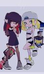  2girls aqua_eyes backwards_hat bangs black_choker black_dress black_footwear black_hair black_legwear blonde_hair blunt_bangs blunt_ends checkered_footwear choker closed_mouth colored_inner_hair domino_mask dress ear_clip frown grey_background h-3_nozzlenose_(splatoon) hand_to_own_mouth hat holding holding_weapon imaikuy0 inkling leg_up long_hair looking_at_viewer makeup mascara mask medium_hair multicolored_hair multiple_girls nike octoling pointy_ears puffy_short_sleeves puffy_sleeves red_eyes shirt shoes short_dress short_sleeves shorts smirk sneakers socks splatoon_(series) splatoon_2 sportswear standing standing_on_one_leg suction_cups symbol_commentary tank_top tentacle_hair thigh-highs twintails weapon white_footwear white_headwear white_shirt white_shorts yellow_legwear 