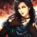  1girl black_hair esther gloves hands_on_own_chest jewelry lips long_hair looking_at_viewer pentagram_pendant portrait the_witcher the_witcher_3 violet_eyes wavy_hair yennefer 
