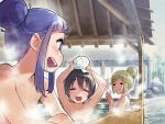  3girls :d =_= armpits bare_shoulders black_hair blonde_hair blush commentary hair_bun highres inuyama_aoi minawa multiple_girls onsen oogaki_chiaki open_mouth purple_hair saitou_ena smile solo steam teeth thick_eyebrows towel violet_eyes yurucamp 