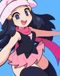  :d absurdres barrette beanie black_hair black_legwear black_shirt blue_background blue_eyes breasts cleavage_cutout clothing_cutout hikari_(pokemon) gro-ggy hair_ornament hat highres long_hair looking_at_viewer open_mouth outstretched_arms pink_scarf pink_skirt pleated_skirt pokemon pokemon_(game) pokemon_dppt scarf shirt sidelocks simple_background skirt sleeveless sleeveless_shirt smile thick_thighs thighs 