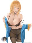  1girl alternate_costume black_bra black_legwear black_panties blonde_hair blue_eyes blue_nails bra breasts collar collarbone commission heterochromia long_hair medium_breasts panties panties_under_pantyhose pantyhose renown_(warship_girls_r) rifu_(643763873) solo strap_slip thighband_pantyhose underwear warship_girls_r yellow_eyes 