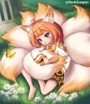  1girl absurdres animal_ears barefoot blue_eyes bug butterfly collar eight-tailed_fox_nari feet flower fox_ears fox_girl fox_tail grass guardian_tales highres hooksampao huge_filesize insect loli multiple_tails nature necklace open_mouth orange_hair solo tail white_flower yellow_butterfly 