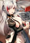  1girl absurdres apron azur_lane bangs black_dress black_ribbon breasts commentary cup dress eyebrows_visible_through_hair frilled_apron frills from_side hair_between_eyes highres holding holding_cup indoors iron_cross juliet_sleeves kitchen large_breasts long_hair long_sleeves looking_at_viewer maid_headdress mole mole_on_breast multicolored_hair no_bra open_mouth parted_bangs prinz_eugen_(azur_lane) puffy_sleeves ribbon shiny shiny_hair sideboob silver_hair sink solo sora_(men0105) steam streaked_hair white_apron wooden_floor 