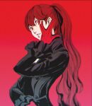  1girl bangs black_jacket black_ribbon collared_jacket eyebrows_visible_through_hair frilled_sleeves frills gloves gradient gradient_background hair_between_eyes hand_on_own_cheek hand_on_own_face highres jacket lips long_hair long_sleeves looking_at_viewer parted_lips persona persona_5 persona_5_the_royal pink_background ponytail raibellchiori red_background red_eyes red_gloves redhead ribbon solo teeth very_long_hair yoshizawa_kasumi 