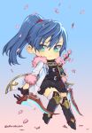  1girl blue_hair chibi closed_mouth gloves green_eyes highres long_hair looking_at_viewer maria_traydor murata_tefu skirt smile solo star_ocean star_ocean_anamnesis star_ocean_till_the_end_of_time weapon 