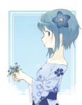  1girl alternate_costume aqua_background armpit_crease bare_shoulders blue_dress blue_eyes blue_flower blue_hair blue_theme border breasts closed_mouth collarbone dress floral_print flower from_side hair_flower hair_ornament happy highres holding holding_flower jewelry leaf light_smile looking_afar looking_back mahou_shoujo_madoka_magica miki_sayaka nape off-shoulder_dress off_shoulder plant profile ring shiny shiny_hair short_hair sideboob simple_background small_breasts solo un_nm5sy upper_body white_border wide_sleeves 