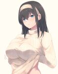  1girl bangs beige_sweater black_hair blue_eyes blush bralines breasts eyebrows_visible_through_hair hair_between_eyes hairband hand_on_breast hand_under_clothes hand_under_shirt highres idolmaster idolmaster_cinderella_girls large_breasts lifted_by_self long_hair long_sleeves looking_at_viewer midriff parted_lips ribbed_sleeves ribbed_sweater ryuu. sagisawa_fumika shirt shirt_lift sidelocks simple_background solo sweatdrop sweater turtleneck upper_body white_background 