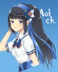  1girl aoi_ch. black_hair blue_eyes breasts closed_mouth flower fuji_aoi hair_flower hair_ornament highres long_hair looking_at_viewer mole mole_under_eye murata_tefu ponytail shirt simple_background smile solo virtual_youtuber white_shirt 