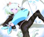  1boy absurdres androgynous animal_ears biker_clothes blush bulge cat_boy cat_ears cat_tail cravat earrings frilled_sleeves frills frown gloves green_hair half_gloves highres jewelry km_(ksolee1201) lio_fotia long_sleeves lying on_back pillow promare short_hair simple_background spread_legs stuffed_animal stuffed_fish stuffed_toy tail violet_eyes 