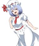  1girl :d ascot blue_hair breasts hat hat_ribbon highres looking_at_viewer mob_cap open_mouth red_ascot red_eyes red_ribbon remilia_scarlet ribbon shirt short_hair skirt smile solo star_(symbol) touhou to~fuya white_background white_headwear white_shirt white_skirt 