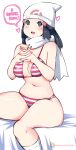  1girl bed_sheet bikini black_hair blush hikari_(pokemon) english_text grey_eyes hands_together hat heart highres kenron_toqueen long_hair navel open_mouth patreon_username pokemon pokemon_(game) pokemon_dppt scarf shiny shiny_skin simple_background sitting solo speech_bubble striped striped_bikini striped_clothes swimsuit teeth tongue upper_teeth white_background white_headwear white_legwear white_scarf 