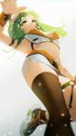  1girl :3 arm_belt belt black_legwear blurry blurry_foreground breasts commentary crop_top depth_of_field from_below goggles goggles_on_head gotoh510 green_eyes green_hair gumi highres leg_up light_particles looking_at_viewer medium_hair microskirt midriff navel shoes single_thighhigh skindentation skirt smile sneakers solo stomach thigh-highs thigh_strap under_boob vocaloid white_skirt wrist_cuffs 