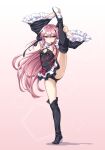  1girl absurdres armpits black_dress black_footwear black_panties boots detached_sleeves dress frilled_sleeves frills hair_between_eyes highres krul_tepes kyuutou_(kyuutouryuu) long_hair owari_no_seraph panties pink_eyes pink_hair shoe_soles solo split standing standing_on_one_leg standing_split thigh-highs thigh_boots underwear wide_sleeves 