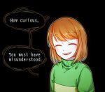  1other ^_^ black_background blind_bridy chara_(undertale) closed_eyes dark_background english_text eyelashes green_sweater light_brown_hair looking_at_viewer pale_skin red_eyes short_hair simple_background smile solo sweater undertale 