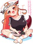  1girl alternate_costume black_shirt blush bow breasts controller crossed_legs dragon_tail game_console game_controller head_tilt highres hololive kiryu_coco large_breasts long_hair open_mouth orange_hair pointy_ears red_eyes shirt shorts sitting socks striped striped_bow striped_legwear striped_shorts tail translation_request virtual_youtuber white_background yukito_(hoshizora) 
