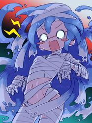  1girl bandaged_head bandaged_leg bandages blue_hair blue_slime blush_stickers breasts cowboy_shot gradient gradient_background groin halloween_costume highres key_961 lightning_bolt liquid_hair merc_(merc_storia) merc_storia monster_girl mummy_costume naked_bandage navel o_o open_mouth scar scar_on_face slime_girl small_breasts solid_circle_eyes solo square_mouth stomach surprised twitter_username v-shaped_eyebrows wavy_mouth 