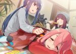  3girls animal bangs beanie black_hair blush cat drooling eyebrows_visible_through_hair grin hat highres hood hoodie kagamihara_nadeshiko kotatsu long_hair lying minawa multiple_girls on_stomach plant ponytail potted_plant purple_hair scarf scarf_removed shima_rin smile table toki_ayano violet_eyes yurucamp 