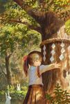  1girl brown_hair brown_skirt closed_eyes commentary dappled_sunlight detached_sleeves fjsmu forest highres light_smile long_sleeves nature object_hug original outdoors parted_lips pleated_skirt ponytail rabbit rope shide shimenawa shirt short_hair skirt solo standing sunlight tree white_shirt 