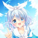  1girl :d arona_(blue_archive) bangs blue_archive blue_eyes blue_hair blue_shirt blue_sky blush bow braid choker clouds cloudy_sky collarbone commentary_request day eyebrows_visible_through_hair eyes_visible_through_hair hair_over_one_eye hair_ribbon hairband hand_up highres looking_at_viewer multicolored_hair natsuki_yuu_(amemizu) open_mouth outdoors pink_hair ribbon sailor_collar school_uniform serafuku shirt sky smile solo two-tone_hair upper_body upper_teeth white_bow white_choker white_hairband white_ribbon white_sailor_collar 