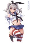  1girl black_bow black_panties blue_eyes blue_skirt blush bow breasts cosplay cowboy_shot ebifurya elbow_gloves eyebrows_visible_through_hair gloves grey_eyes hair_between_eyes hairband highleg highleg_panties highres kantai_collection kashima_(kancolle) large_breasts lips looking_at_viewer microskirt miniskirt navel panties sailor_collar shimakaze_(kancolle) shimakaze_(kancolle)_(cosplay) silver_hair simple_background skirt smile solo staff striped striped_legwear twintails twitter_username underwear wavy_hair white_background white_gloves 