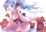  1girl 2021 7aka_ne11 :d arm_support blue_eyes blue_hair blue_slime blush commentary eyebrows_visible_through_hair floral_background floral_print flower flower_request furisode hair_flower hair_ornament hair_up hand_up happy_new_year in_container japanese_clothes jar kimono liquid_hair loli long_hair looking_at_viewer merc_(merc_storia) merc_storia minigirl monster_girl nengajou new_year obi open_mouth pink_kimono ponytail print_kimono round_teeth sash simple_background slime_girl smile solo teeth upper_body upper_teeth waist_bow white_background 