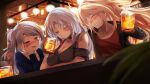  3girls :d ^_^ ^o^ admiral_hipper_(azur_lane) alcohol alternate_costume antenna_hair armband azur_lane bangs bar beer beer_mug blurry casual choker closed_eyes collarbone commentary_request contemporary cup depth_of_field eyebrows_visible_through_hair grey_eyes highres holding holding_cup lamp light_brown_hair long_hair mug multicolored_hair multiple_girls one_side_up open_mouth prinz_eugen_(azur_lane) shimofuji_jun sidelocks silver_hair smile tallinn_(azur_lane) two-tone_hair two_side_up 