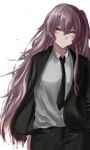  1girl absurdres bangs black_suit formal girls_frontline grey_hair hadari_(eve_future_00) hair_between_eyes highres long_hair looking_at_viewer necktie pants scar scar_across_eye simple_background solo ump45_(girls_frontline) very_long_hair white_background yellow_eyes 