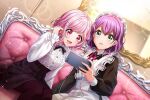  2girls blush d4dj dress hidaka_saori maid_uniform pink_eyes pink_hair sakurada_miyu short_hair 