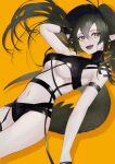  1girl :d absurdres arknights arm_strap arm_up bare_shoulders black_gloves black_swimsuit breasts casual_one-piece_swimsuit commentary_request crocodilian_tail fang fingerless_gloves gavial_(arknights) gloves green_hair highres hisamichi1373 long_hair looking_at_viewer medium_breasts navel official_alternate_costume one-piece_swimsuit open_mouth pointy_ears ponytail simple_background smile solo stomach swimsuit tail under_boob visor_cap white_headwear yellow_background yellow_eyes 