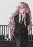  1girl absurdres bangs black_suit formal girls_frontline grey_hair hadari_(eve_future_00) hair_between_eyes highres long_hair looking_at_viewer necktie one_side_up pants scar scar_across_eye smile solo suit tied_hair ump45_(girls_frontline) very_long_hair yellow_eyes 