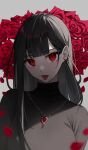  1girl bangs black_hair blunt_bangs blurry blurry_foreground ear_piercing eyelashes fang flower glowing glowing_eyes highres jewelry long_hair looking_at_viewer lower_teeth necklace original pale_skin petals piercing portrait red_eyes red_flower red_rose rose solo star741 tongue tongue_out 