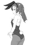  1girl alternate_costume animal_ears ass back backless_outfit bunny_tail closed_mouth commentary cowboy_shot detached_collar fake_animal_ears fake_tail from_side girls_und_panzer greyscale kadotani_anzu leotard long_hair monochrome ngc20701 pantyhose playboy_bunny rabbit_ears smile solo strapless strapless_leotard tail twintails wrist_cuffs 