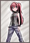  1girl arms_at_sides bangs bare_shoulders belt black_shirt blue_eyes blue_pants blush border bracelet breasts closed_mouth collar collarbone commentary eyebrows_visible_through_hair grey_background grey_border grey_vest highres jewelry legs_apart light_blush long_hair looking_at_viewer original pants ponytail redhead rune_(pixiv_25170019) shirt sidelocks simple_background sleeveless sleeveless_shirt small_breasts solo sparkle spiked_bracelet spiked_collar spikes tied_hair vest 
