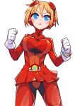  1girl absurdres bandaid bandaid_on_nose blonde_hair blue_eyes blush bodysuit cowboy_shot disgaea gloves hair_between_eyes highres legs_apart looking_at_viewer makai_senki_disgaea_6 nijino_piyori open_mouth red_bodysuit red_skirt sentai shiny shiny_clothes short_hair simple_background skin_tight skirt solo standing white_background white_gloves yamaiimo 