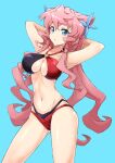  1girl :o ass_visible_through_thighs bangs bikini black_bikini blue_background blue_eyes breasts eyebrows_visible_through_hair flower hair_between_eyes hair_ears hair_flower hair_ornament large_breasts leaning_back leaning_to_the_side long_hair maria_cadenzavna_eve midriff mutsuki_riichi navel open_mouth pink_hair red_bikini senki_zesshou_symphogear solo swimsuit swimwear two-tone_bikini under_boob 