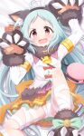  1girl ahoge animal_ear_fluff animal_ears aqua_hair ayase_midori bag bandaged_leg bandages bell blush bow claw_pose commentary dakimakura_(medium) fake_animal_ears fang fur_trim furrowed_eyebrows gloves handbag long_hair long_sleeves looking_at_viewer lying miyako_(princess_connect!) on_back paw_gloves paw_shoes paws princess_connect! red_bow red_eyes reward_available shoes skirt solo 