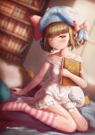  1girl absurdres azur_lane bed blurry blurry_background blush book bookshelf brown_hair collarbone gremyashchy_(azur_lane) hair_rings hat highres huge_filesize looking_at_viewer nozo.me ribbon sitting sleepwear solo stuffed_animal stuffed_toy thigh-highs 