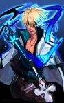  1boy aqua_hair bare_pecs belt blonde_hair blue_gloves blue_hair blue_sclera brown_belt claws collarbone colored_sclera cross dragon_install film_grain fingerless_gloves fingernails flaming_eye gloves glowing glowing_eye green_eyes guilty_gear guilty_gear_strive hair_between_eyes highres holding holding_sword holding_weapon ky_kiske male_focus multicolored multicolored_hair open_mouth partially_fingerless_gloves red_eyes scabbard sheath solo sword teeth tsuna_(akmu8832) twitter_username upper_teeth weapon 