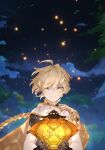  1boy absurdres aether_(genshin_impact) ahoge armor blonde_hair blurry blurry_background braid braided_ponytail cape closed_mouth clouds commentary_request dl_mask earrings eyebrows_visible_through_hair eyes_visible_through_hair feather_earrings feathers floating_hair genshin_impact gloves glowing gold_trim highres holding holding_lantern jewelry korean_commentary lantern leaf light_smile long_hair looking_at_viewer male_focus night outdoors paper_lantern scarf shoulder_armor single_braid single_earring single_spaulder sky sky_lantern solo spaulders straight-on tree upper_body white_scarf yellow_eyes 