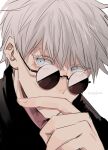  1boy absurdres artist_name bangs black_jacket blue_eyes covered_mouth eyelashes eyes_visible_through_hair hair_between_eyes hand_up highres jacket jujutsu_kaisen looking_away male_focus portrait round_eyewear short_hair sideways_glance simple_background solo sunglasses white_background white_hair xxgojoxx 