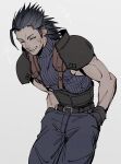  1boy act_(a_moso) armor belt black_gloves black_hair closed_eyes film_grain final_fantasy final_fantasy_vii gloves grey_background grin hair_slicked_back hands_in_pockets happy highres male_focus medium_hair muscular muscular_male parted_lips pauldrons scar scar_on_face shoulder_armor simple_background smile solo teeth turtleneck zack_fair 