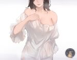  1girl bare_shoulders breast_hold breasts brown_hair character_request closed_mouth collarbone feet_out_of_frame hand_on_back hand_on_own_chest lips long_hair nightgown rifu_(643763873) solo warship_girls_r white_background white_nightgown 