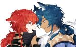  2boys animal_ear_fluff animal_ears annoyed black_gloves blue_eyes blue_hair cat_ears closed_mouth commentary_request dark_skin dark_skinned_male diluc_(genshin_impact) dl_mask ears_back eye_contact face face-to-face fang feather_boa finger_in_mouth from_side genshin_impact gloves half-closed_eyes kaeya_(genshin_impact) kemonomimi_mode korean_commentary light_smile long_hair looking_at_another male_focus multiple_boys multiple_sources open_mouth partially_fingerless_gloves ponytail profile red_eyes redhead shiny shiny_hair simple_background skin_fang spikes white_background wolf_ears 